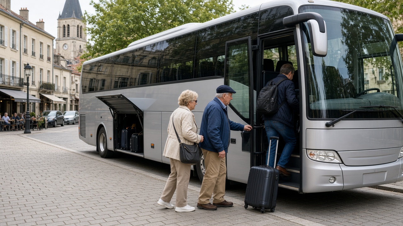 Autocar stationné, portes de soute ouvertes