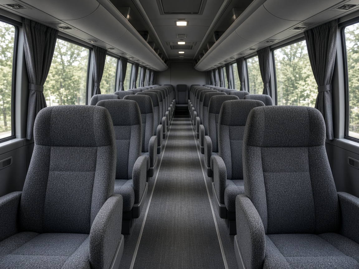 Intérieur d'un autocar vide, rangées de sièges et porte-bagages