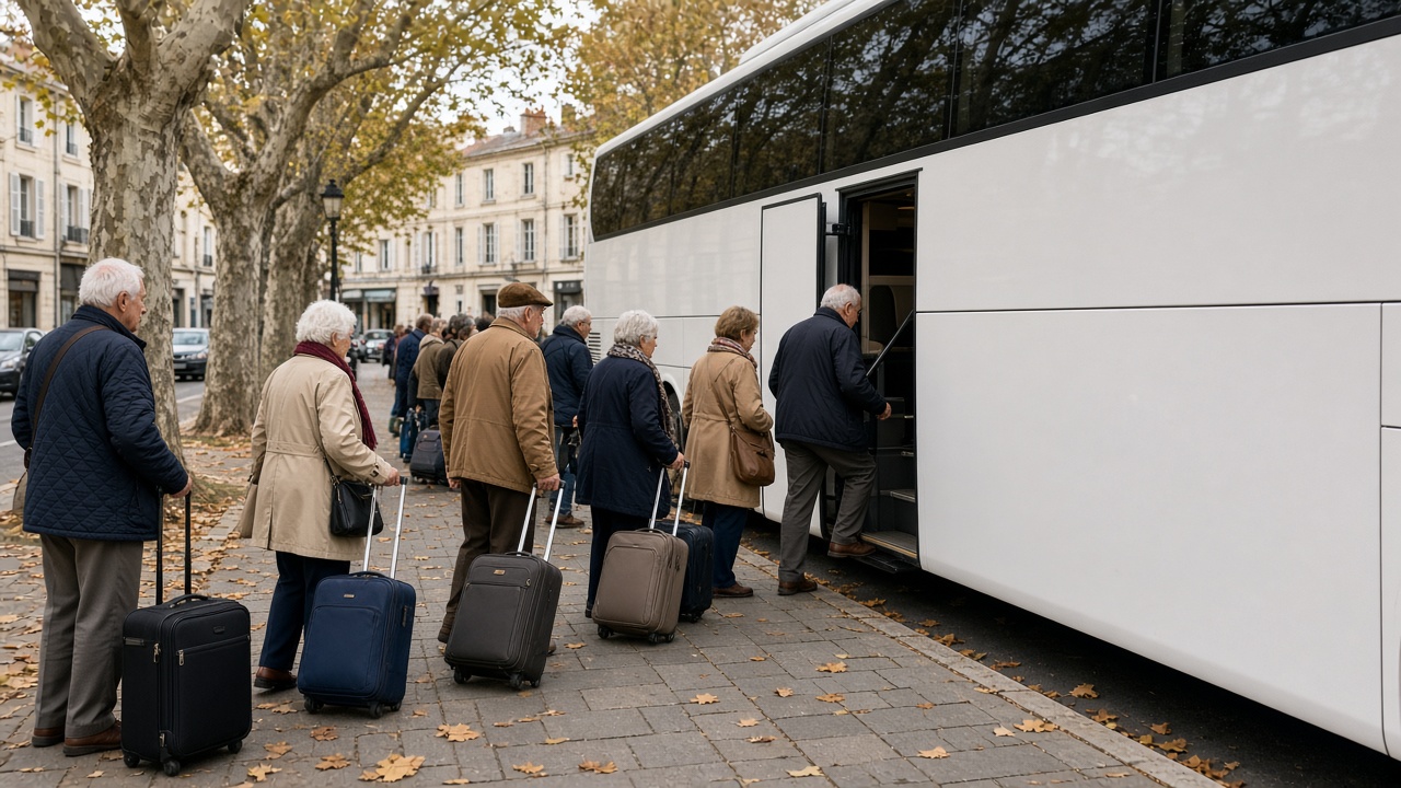 Voyageurs avec valises faisant la queue sur le trottoir le long de l'autocar